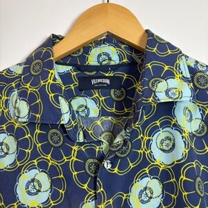 Vilebrequin Collection Mens L Navy Blue Floral Print Silk Button Up Shirt Luxury